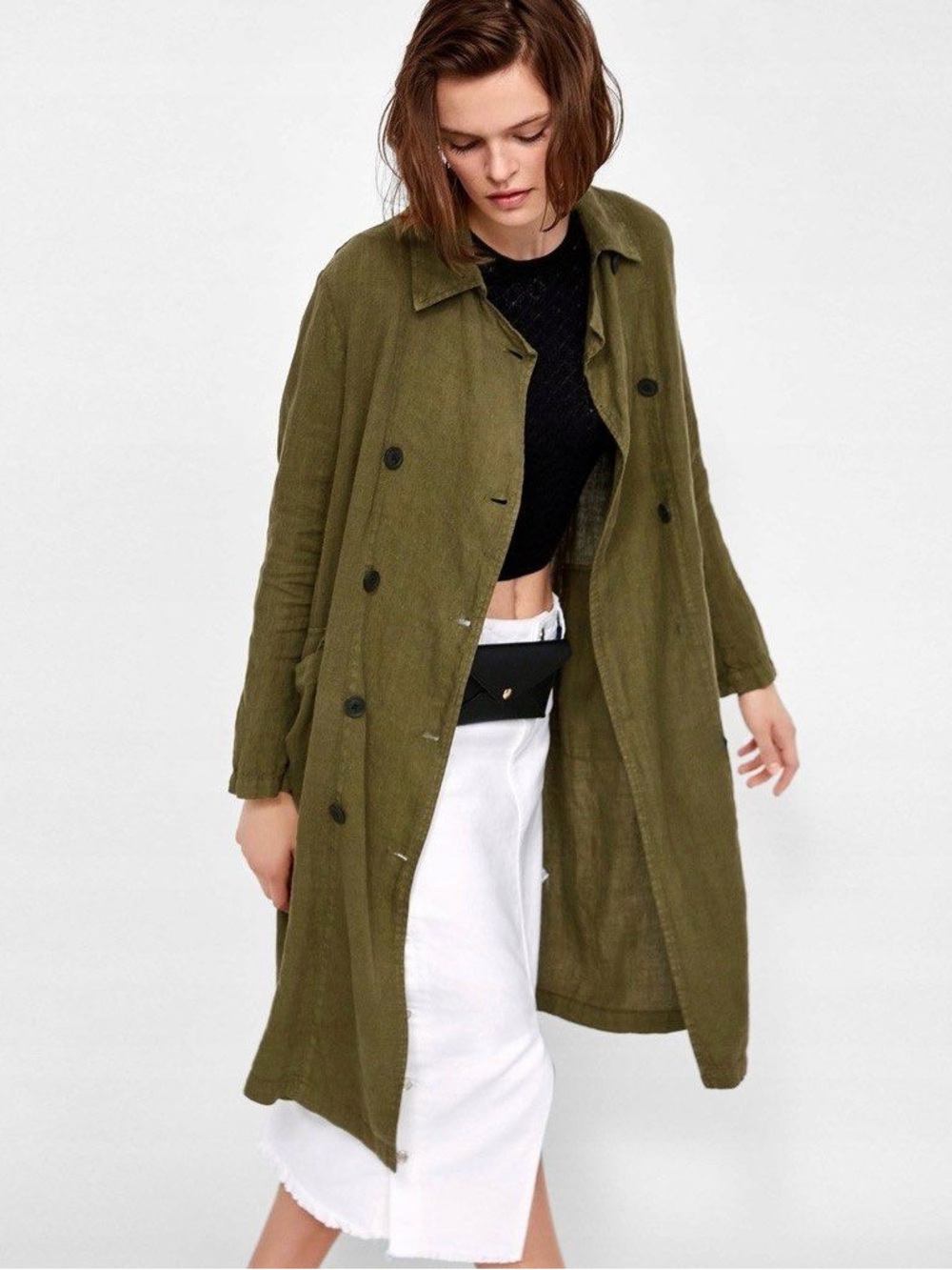 Zara Olive Green Linen Oversized Trench Coat